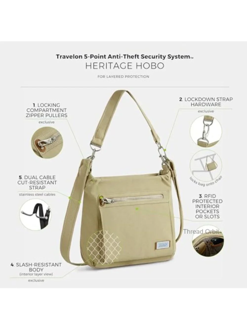 Anti-Theft Heritage Hobo Bag with RFID Protection and Locking Zippers